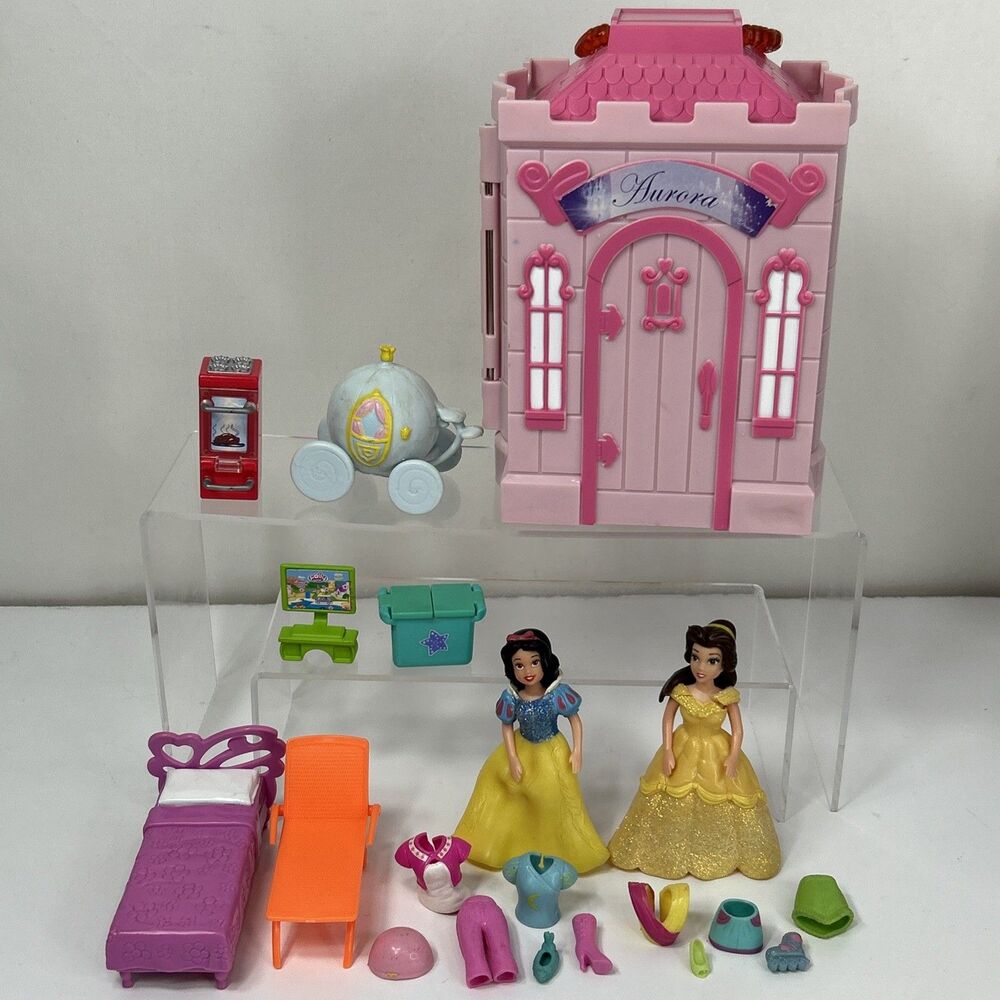 Polly Pocket Doll Lot Aurora Castle Belle Snow White Carriage Clothes Chair Bed